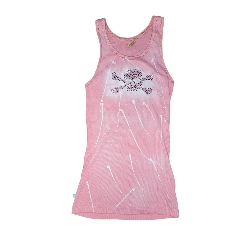 Allen B pastel pink bleached rhinestone skull skeleton ribbed tank top